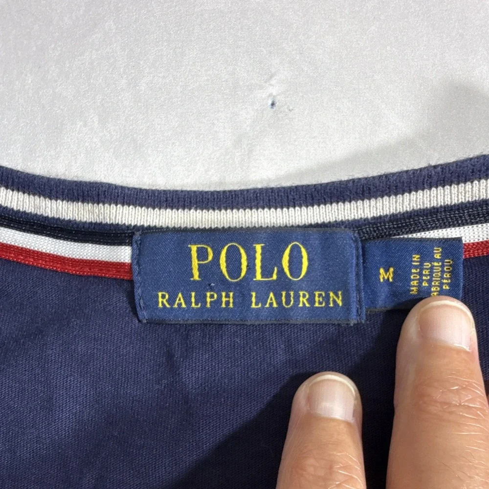 Polo Ralph Lauren Mens Colorblock USA Logo Patch Crew Neck Tee Shirt Blue Red M